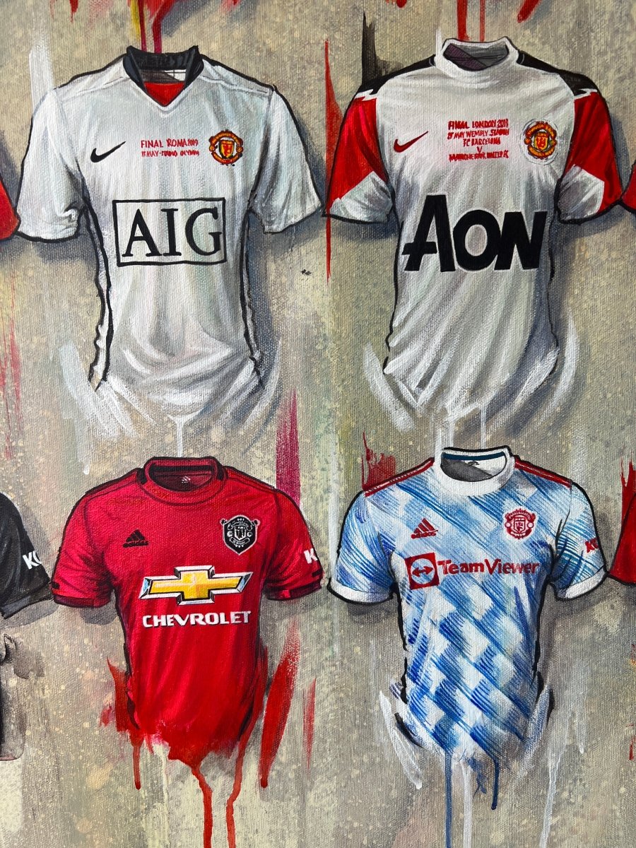 Manchester United FC signed limited edition A2 print by Terry Kneeshaw Art, featuring iconic team imagery and signatures.
