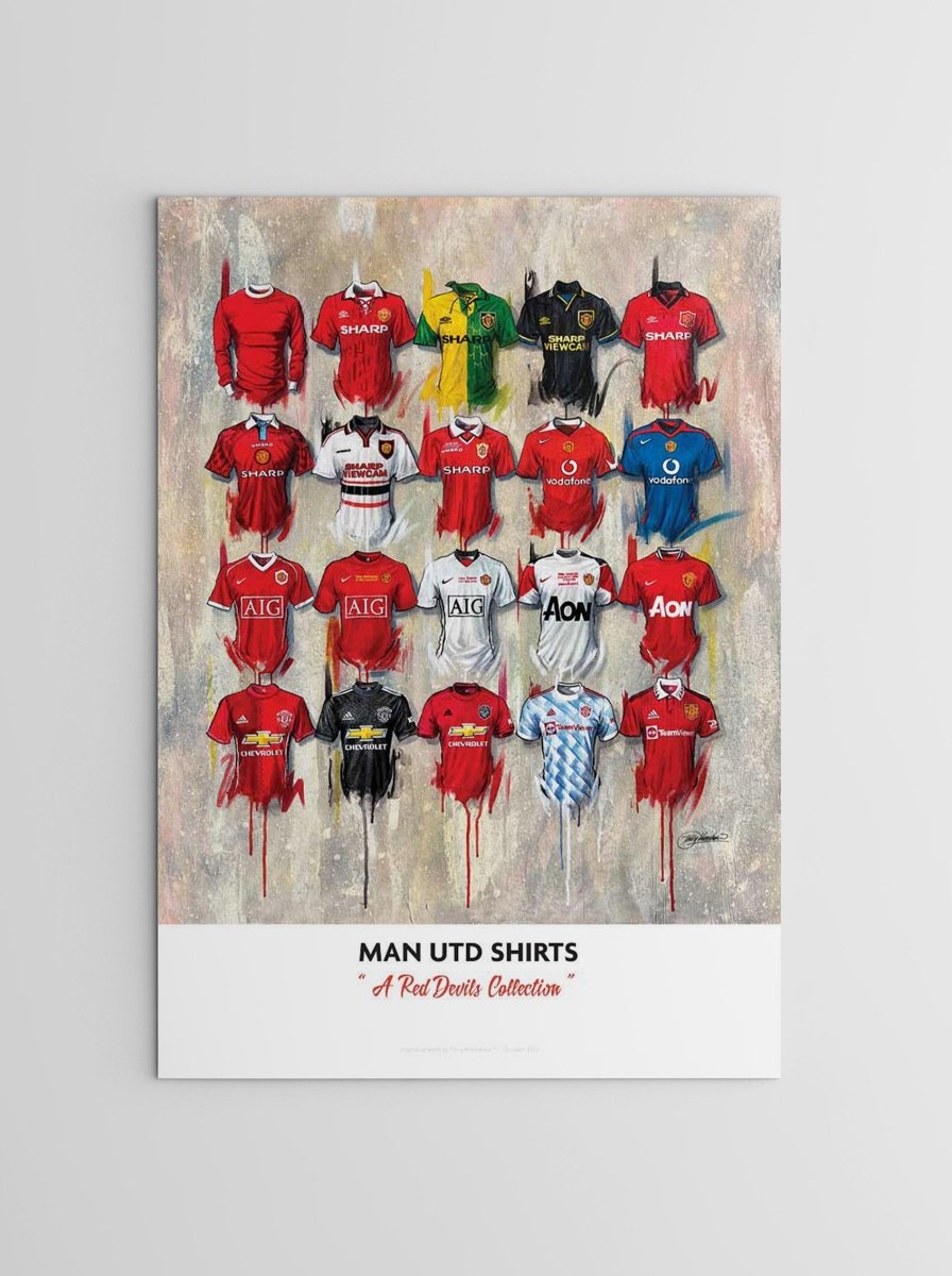 Manchester United FC signed limited edition print by Terry Kneeshaw Art, featuring iconic club imagery in A2 size.