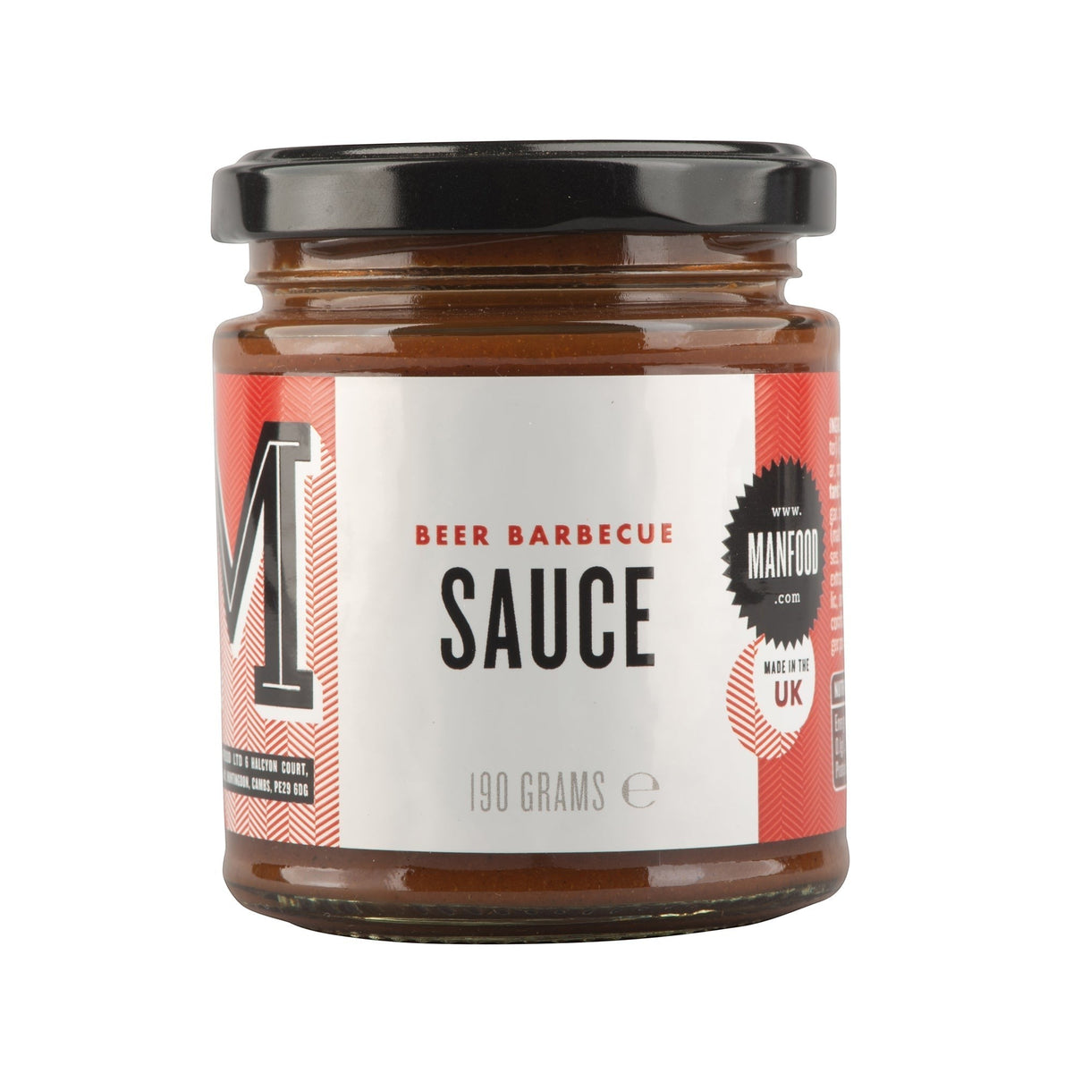 Manfood Beer Barbecue Sauce bottle with label, showcasing rich, dark sauce in a glass container for flavorful grilling.