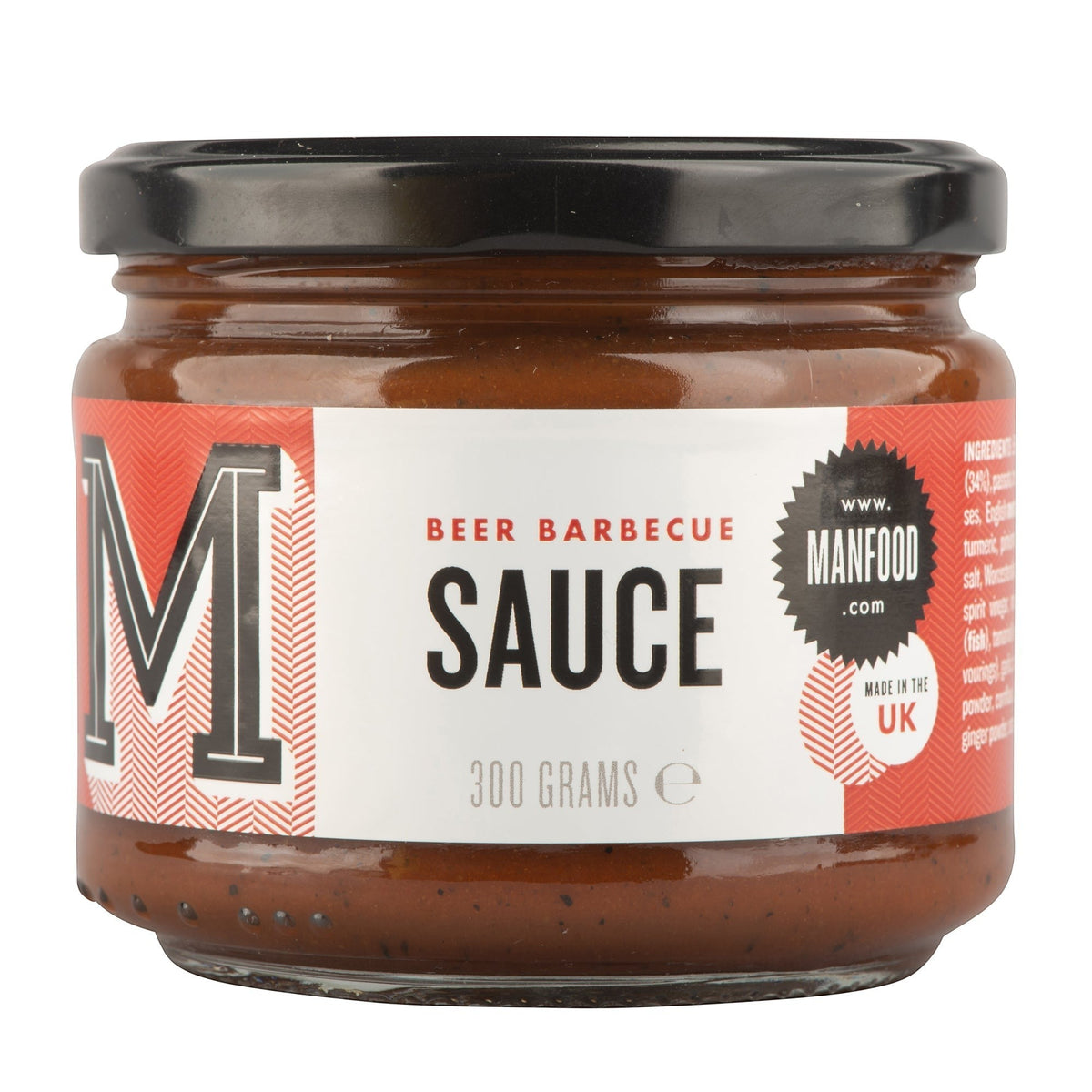 Manfood Beer Barbecue Sauce bottle, rich amber color with label, showcasing a flavorful sauce ideal for grilling and marinades.