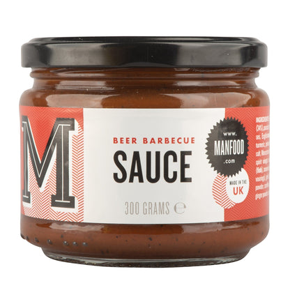 Manfood Beer Barbecue Sauce bottle, rich amber color with label, showcasing a flavorful sauce ideal for grilling and marinades.