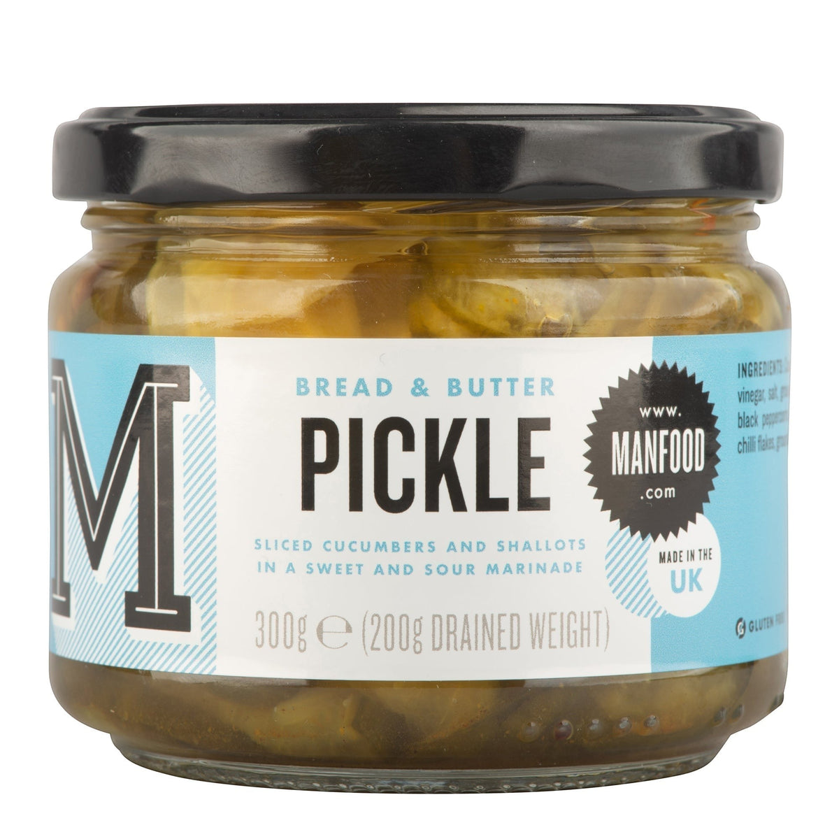 Manfood pickle gift box featuring assorted bread and butter pickles in a clear jar, perfect for gifting or snacking.