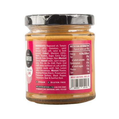 Manfood Creamy Burger Sauce bottle with label showcasing rich, creamy texture ideal for burgers and sandwiches.