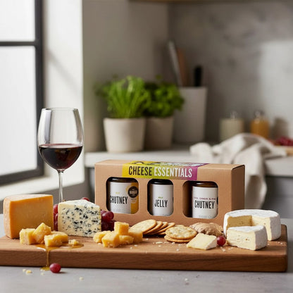 Manfood Cheese Essentials gift set with chutney and jelly jars in a decorative box, perfect for cheese pairing and gifting.
