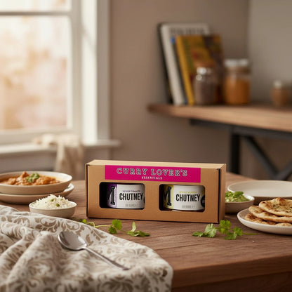 Manfood Curry Lover's Chutney Essentials Gift Set in a decorative gift box, featuring various Manfood chutneys for curry lovers.