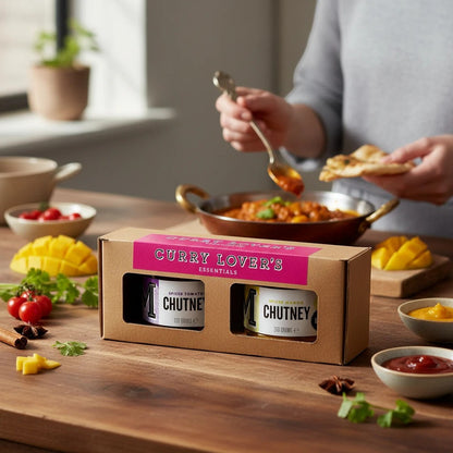 Manfood Curry Lover's Chutney Essentials Gift Set in a gift box, featuring a variety of Manfood chutneys for curry lovers.
