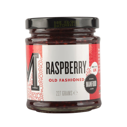 Manfood Cambs Raspberry Old Fashioned jam in a 227g glass jar with a red label and black lid.