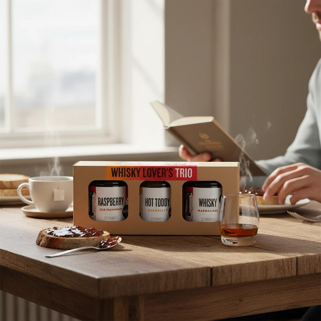 Manfood Whisky Lover's Trio Marmalade Gift Set in a decorative gift box with three jars of marmalade, ideal for whisky enthusiasts.