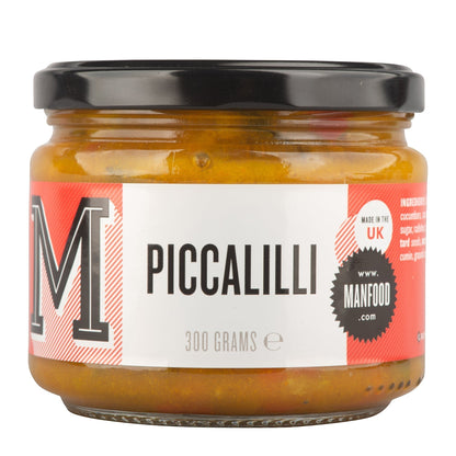 Manfood Pickle Gift Box featuring a jar of homemade-style pickles and piccalilli for gift-giving or gourmet snack enjoyment