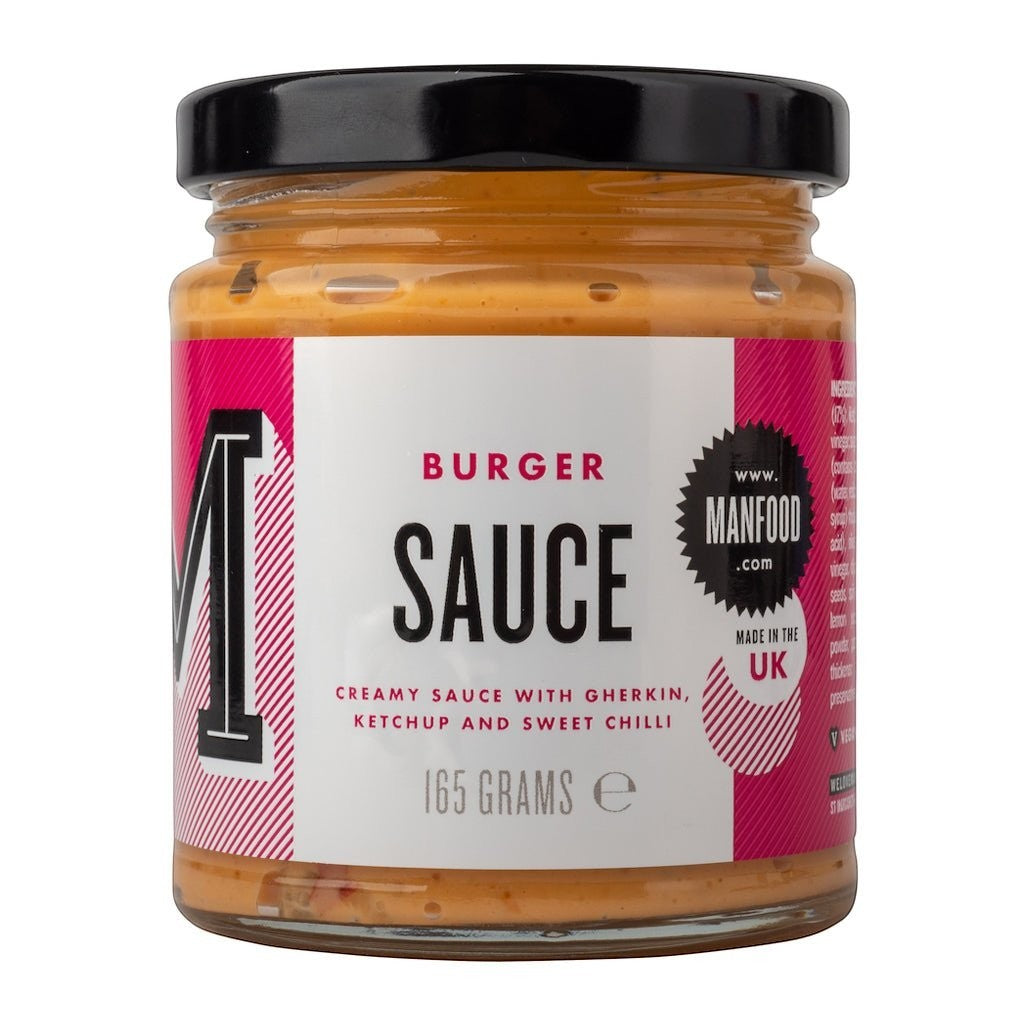 Manfood Creamy Vegan Burger Sauce in a jar, smooth and rich condiment for burgers and sandwiches
