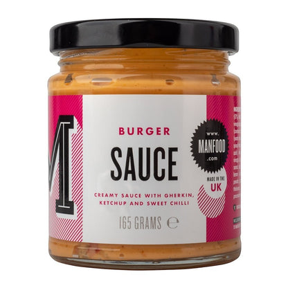 Manfood Creamy Vegan Burger Sauce in a jar, smooth and rich condiment for burgers and sandwiches