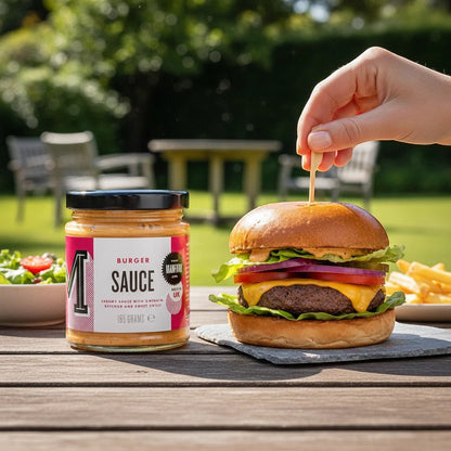 Manfood Creamy Burger Sauce in a squeeze bottle, showcasing its smooth texture and rich flavor for burgers.
