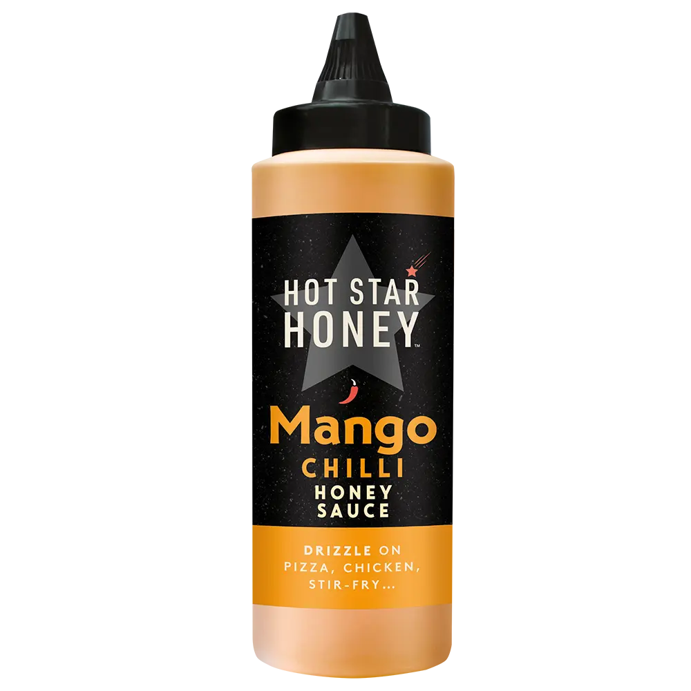 Hot Star Honey Mango Chilli Honey Sauce bottle, Asian-inspired sweet and spicy mango honey condiment in a transparent bottle
