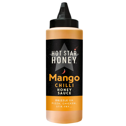 Hot Star Honey Mango Chilli Honey Sauce bottle, Asian-inspired sweet and spicy mango honey condiment in a transparent bottle