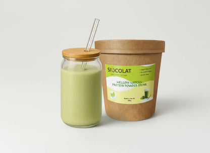 Siocolat Mellow Matcha Protein Powder Drink in 300g container, featuring vibrant green matcha flavor and packaging.