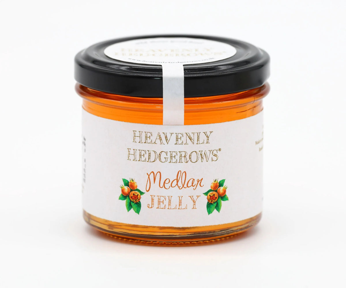 Heavenly Hedgerows West Country Heritage Jelly Gift Set with medlar jelly jars and decorative packaging.