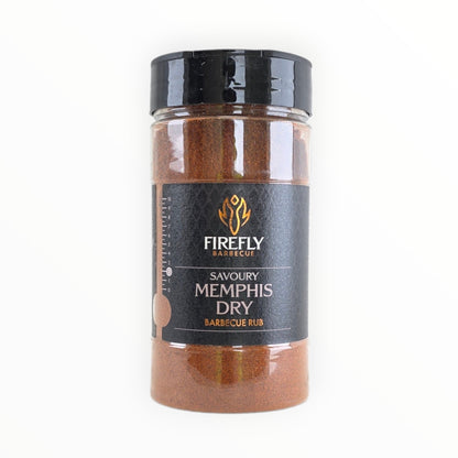 FireFly Barbecue Memphis Dry Savoury BBQ Rub in a jar, with a blend of spices for grilling and smoking flavorful meats.