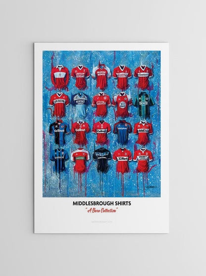 Limited edition signed print of Middlesbrough FC shirts by Terry Kneeshaw Art, A2 size, featuring detailed artwork and signatures.