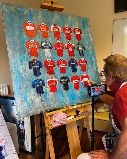 Limited edition A2 signed print of Middlesbrough FC shirts by Terry Kneeshaw Art, featuring detailed football memorabilia artwork.