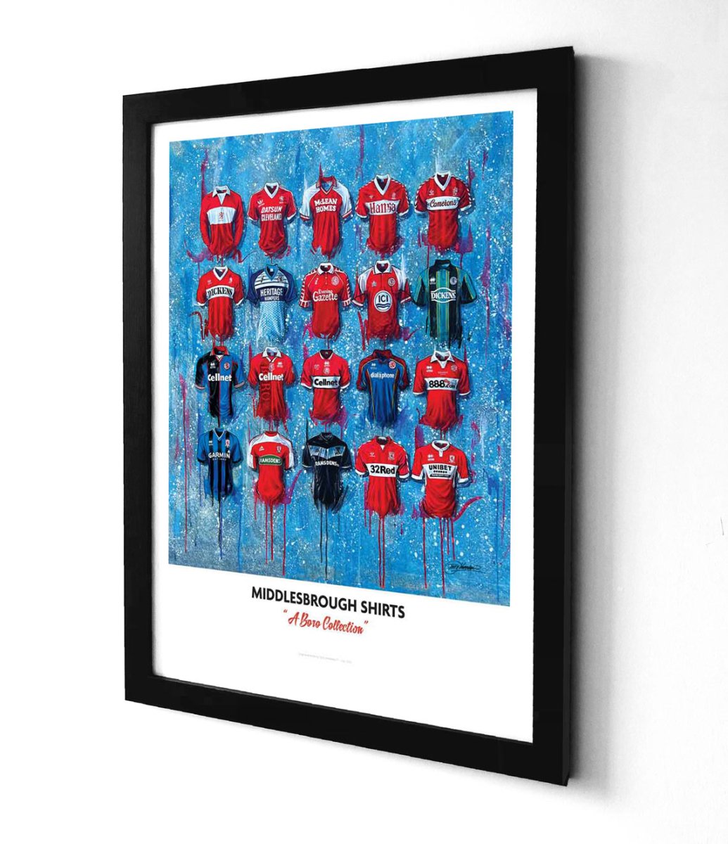 Limited edition signed print of Middlesbrough FC shirts by Terry Kneeshaw Art, A2 size, featuring iconic team designs.