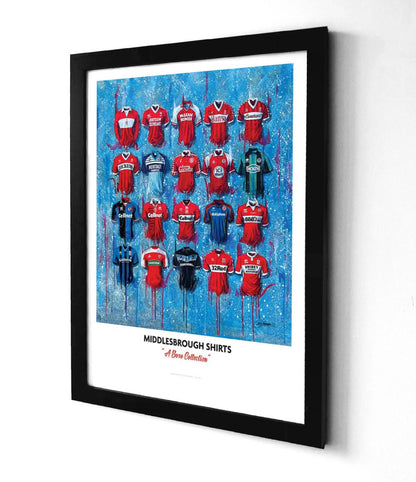 Limited edition signed print of Middlesbrough FC shirts by Terry Kneeshaw Art, A2 size, featuring iconic team designs.