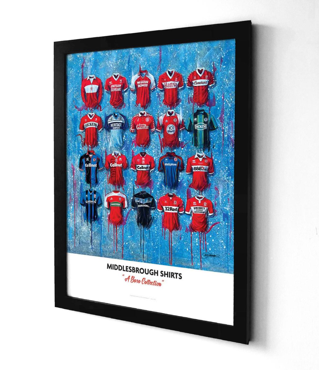 Limited edition A2 signed print of Middlesbrough FC shirts by Terry Kneeshaw Art, featuring detailed artwork of football jerseys.
