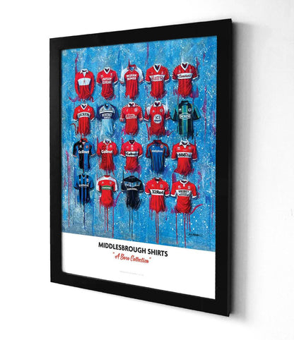 Limited edition A2 signed print of Middlesbrough FC shirts by Terry Kneeshaw Art, featuring detailed artwork of football jerseys.