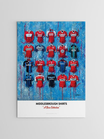 Limited edition signed print of Middlesbrough FC shirts by Terry Kneeshaw Art, showcasing detailed artwork of the team jerseys.