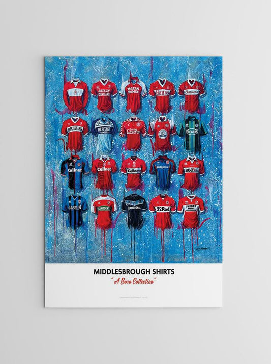 Limited edition signed print of Middlesbrough FC shirts by Terry Kneeshaw Art, showcasing detailed artwork of the team jerseys.