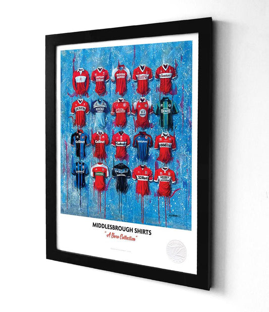 Limited edition Middlesbrough A3 print featuring Boro shirts wall art by Terry Kneeshaw Art, showcasing detailed football memorabilia.