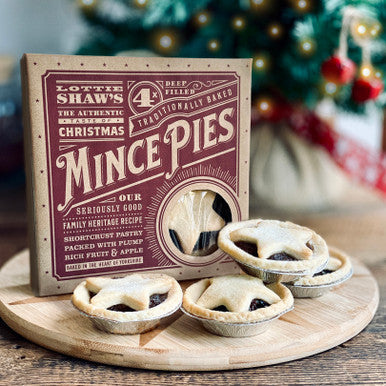 Lottie Shaw's Seriously Good Mince Pies in 245g bakery box, golden pastry with fruit filling, on a white background.
