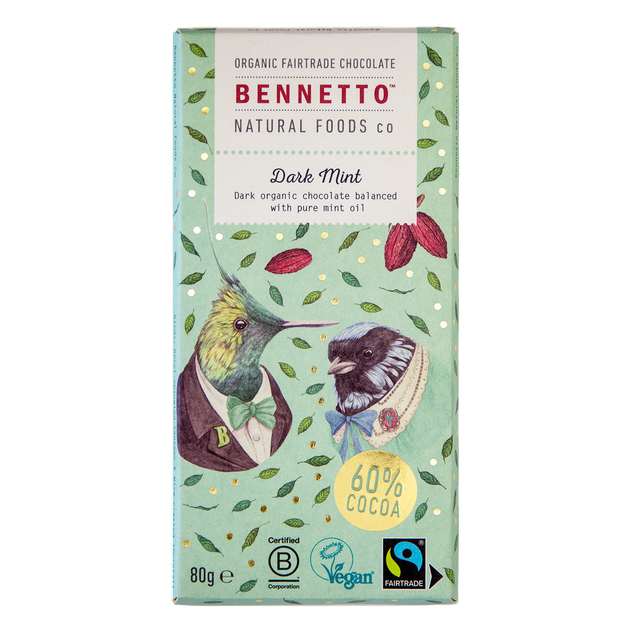 Dark Mint chocolate by Bennetto Natural Foods UK showing a close-up of the mint-flavored dark chocolate bar.