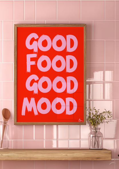 Pink and red food and drink kitchen print by Peak Prints, featuring cheerful, kitschy food illustrations on a colorful background.