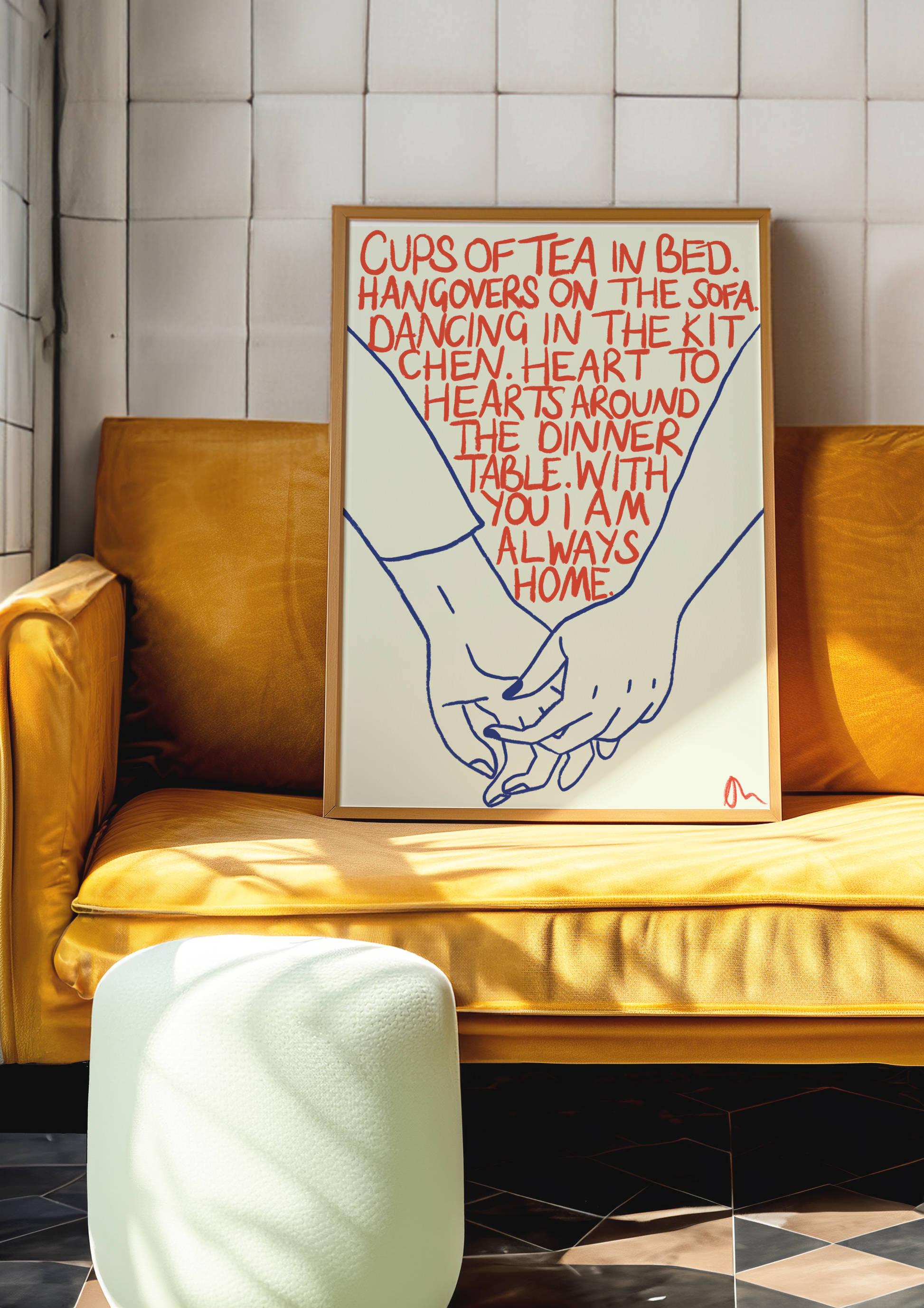 Cute hand-drawn typographic art print of orange and blue tea cups, featuring romantic and charming design by Peak Prints.