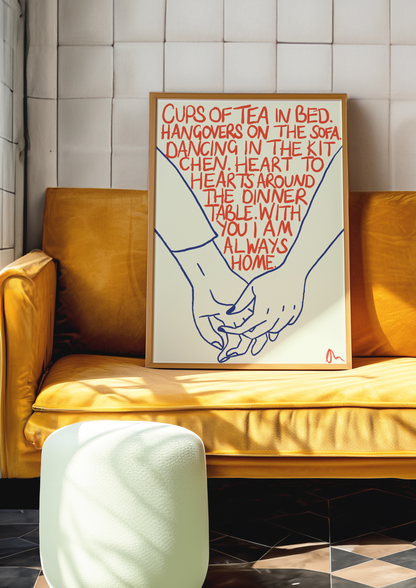 Cute hand-drawn typographic art print of orange and blue tea cups, featuring romantic and charming design by Peak Prints.