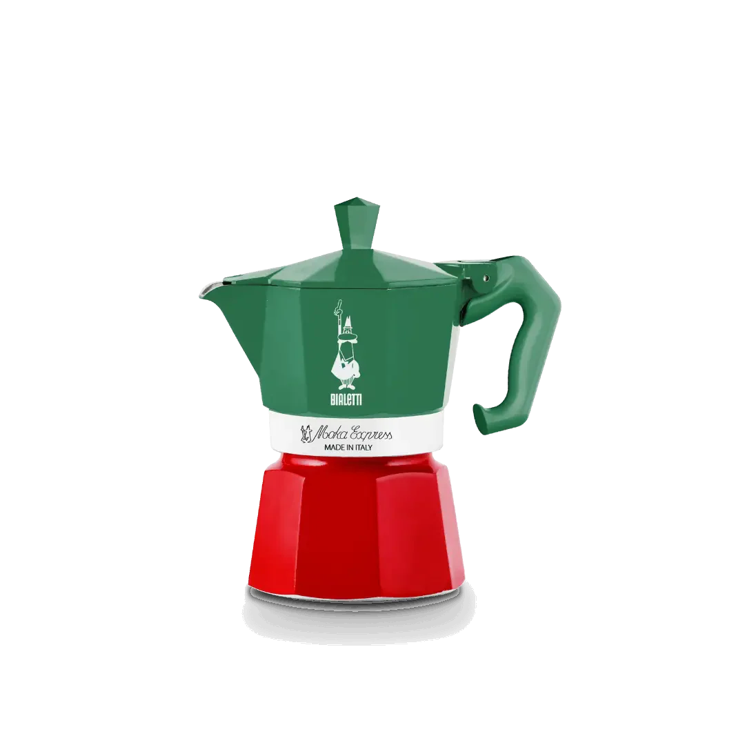 Bialetti Brew Italia Moka Express Exclusive 3-cup stovetop coffee maker in polished stainless steel with black handle