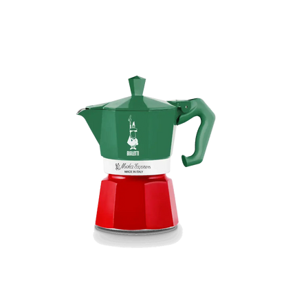 Bialetti Brew Italia Moka Express Exclusive 3-cup stovetop coffee maker in polished stainless steel with black handle