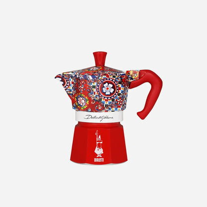 Bialetti X Dolce&Gabbana Sicilian Cart gift set with 3-cup moka coffee maker and coffee beans, branded Brew Italia, stylish design.