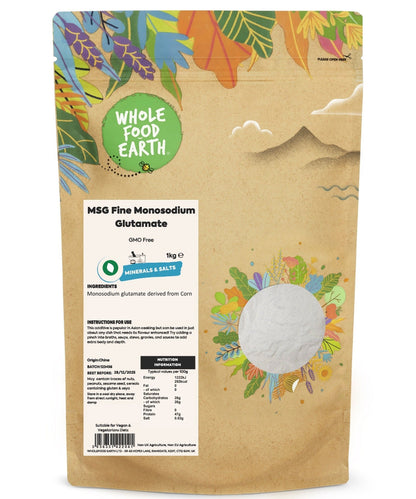 Fine monosodium glutamate (MSG) in a clear container, by Whole Food Earth, showing the white crystalline powder.