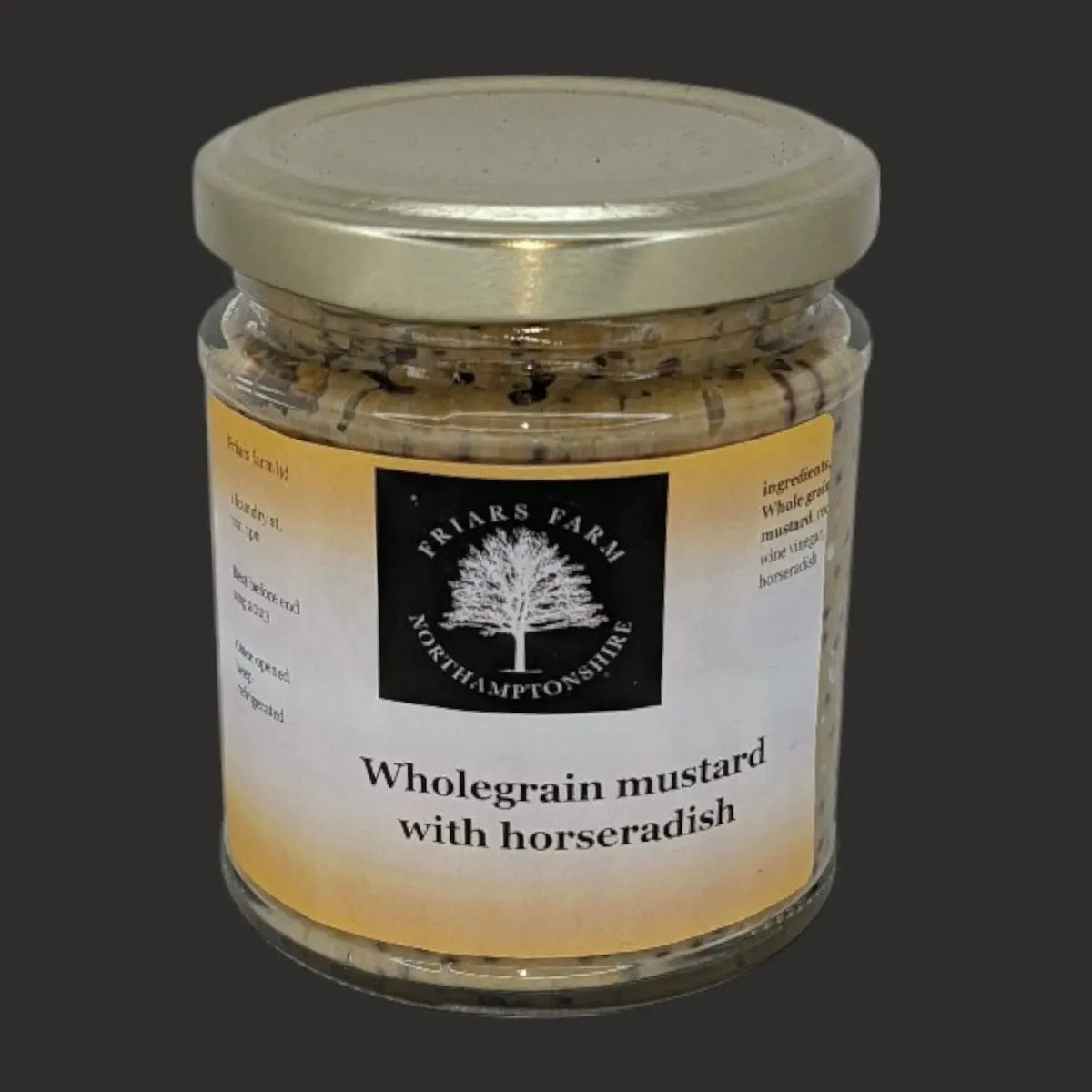 Jar of Friars Farm whole grain mustard with horseradish, showing textured mustard with visible horseradish chunks.