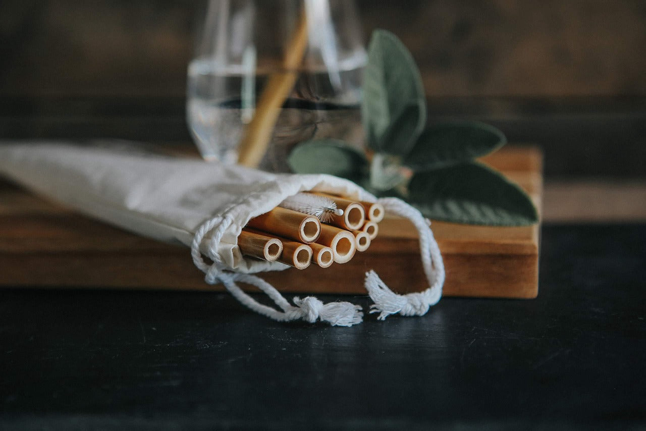 Set of 10 reusable bamboo drinking straws by Wild And Stone, eco-friendly and biodegradable, ideal for beverages.