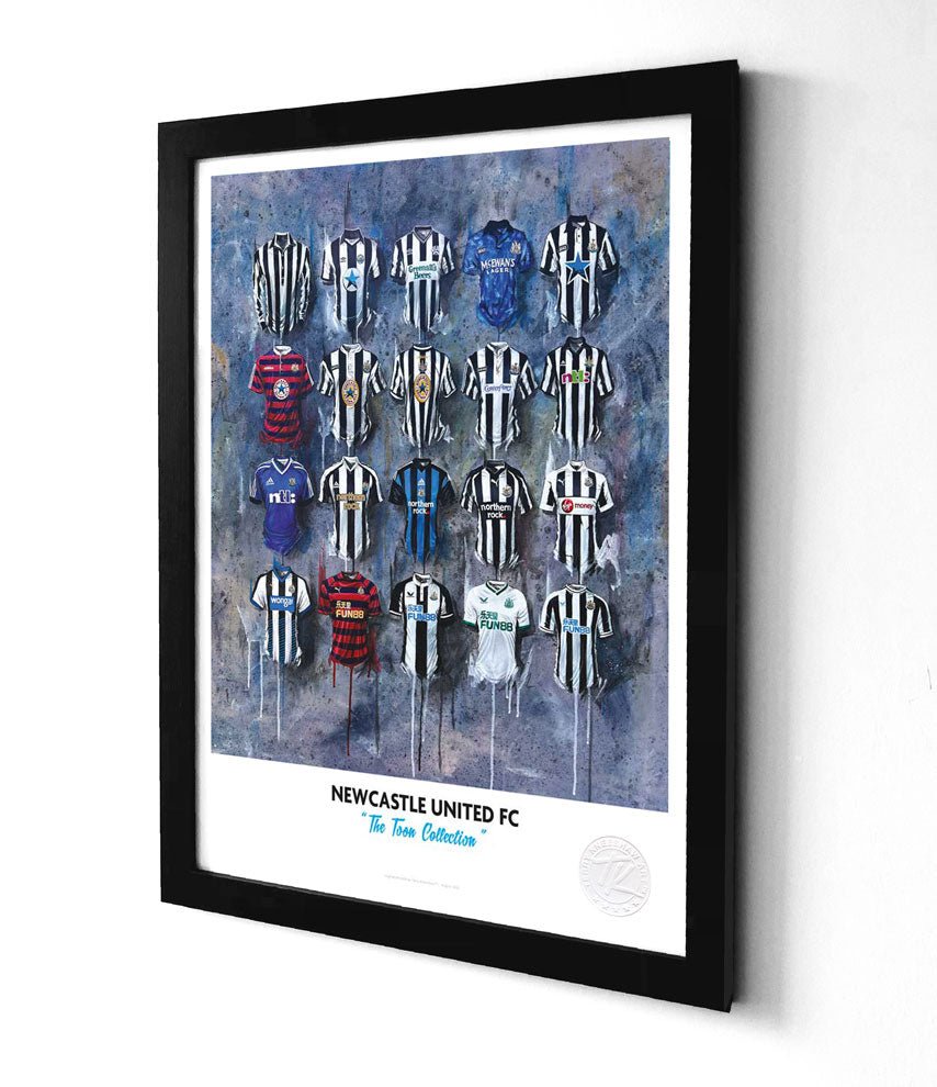 Limited edition Newcastle 2022 A3 print of Magpies shirt wall art by Terry Kneeshaw Art, showcasing detailed football jersey artwork.