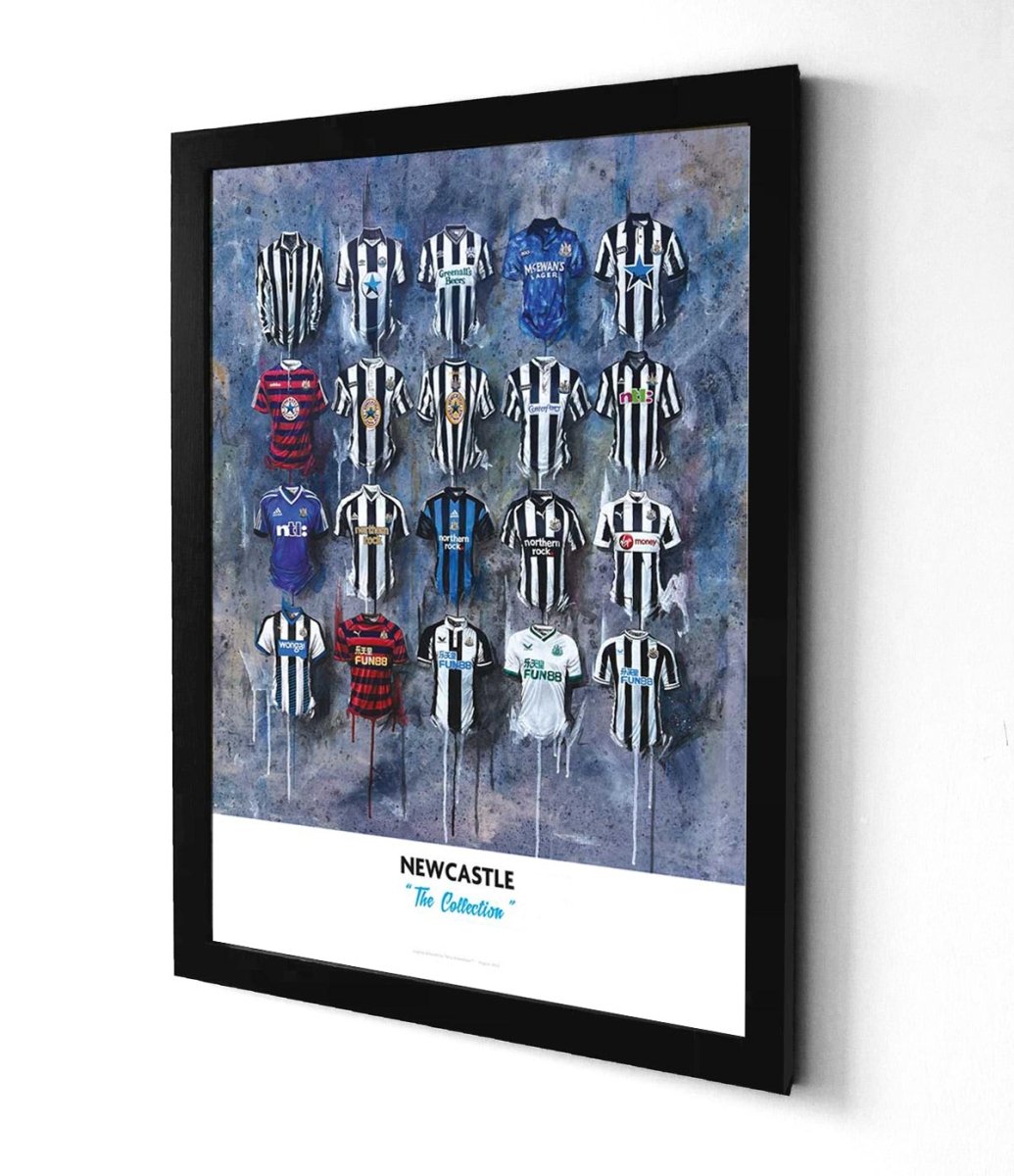 Signed limited edition print of Newcastle Shirts artwork by Terry Kneeshaw Art, showcasing vibrant, detailed design on high-quality paper.