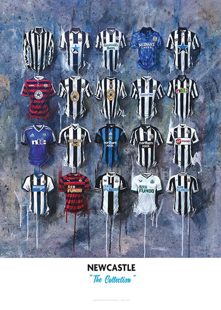 Signed limited edition print of Newcastle shirts by Terry Kneeshaw Art, showcasing detailed artwork in a collectible A2 size.