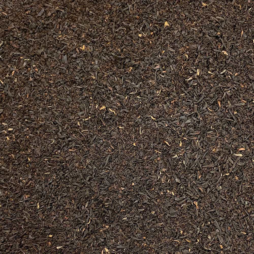 Loose leaf English Breakfast Blend tea, no.6, with quality medium leaves from High Teas in a clear glass jar.