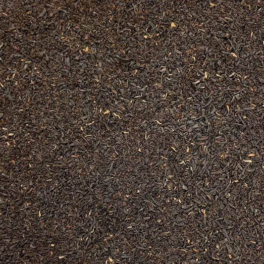 Loose leaf English Breakfast Blend tea, no.6, with quality medium leaves from High Teas in a clear glass jar.