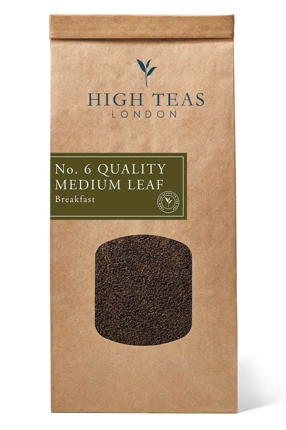 Loose leaf English Breakfast Blend tea, Quality Medium Leaf by High Teas, displayed in a tea tin with medium-sized tea leaves.