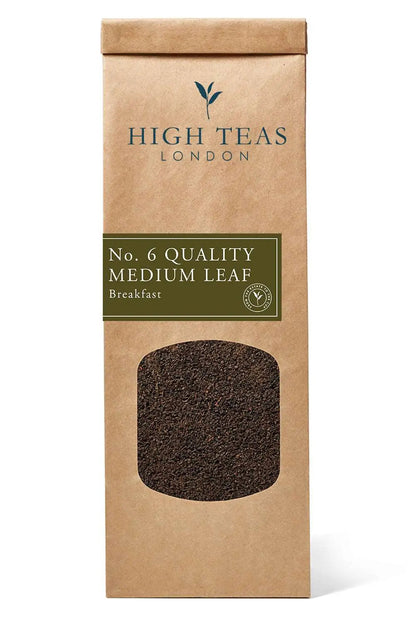 Loose leaf English Breakfast Blend No.6 tea from High Teas with medium-sized tea leaves in a clear container.