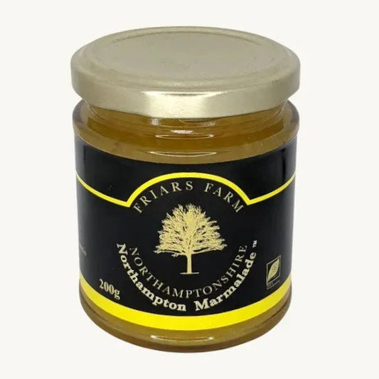 Jar of Northampton Marmalade by Friars Farm showing golden marmalade with a textured citrus peel appearance in a 200g jar.