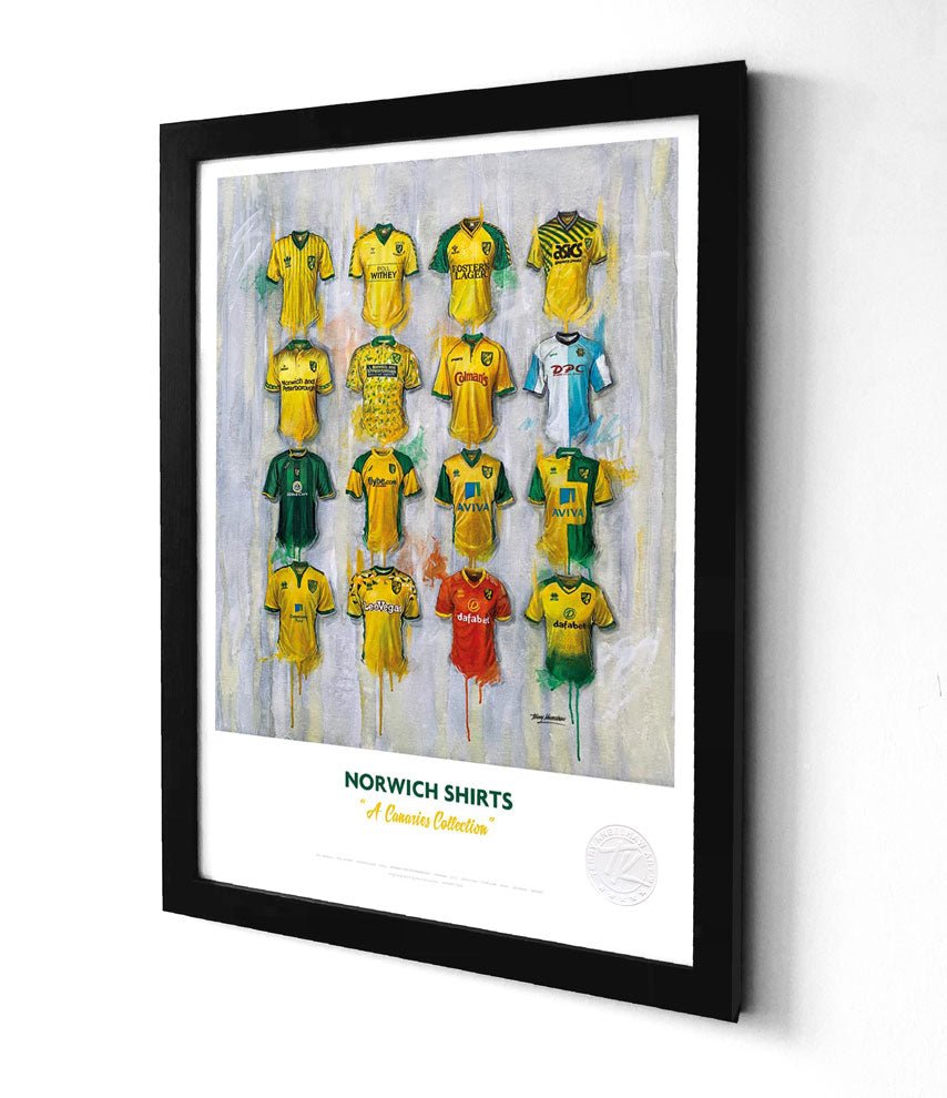 Limited edition Norwich City football shirt A3 framed print by Terry Kneeshaw Art featuring a classic Norwich City FC shirt design.